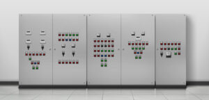 Substation room. Electrician equipment, technical generator. Transformer to increase or decrease voltage of electric current and control panel with on and off buttons Realistic 3d vector illustration