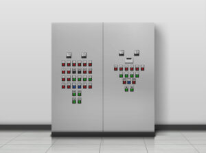 Substation room. Electrician equipment, technical generator. Transformer to increase or decrease voltage of electric current and control panel with on and off buttons Realistic 3d vector illustration